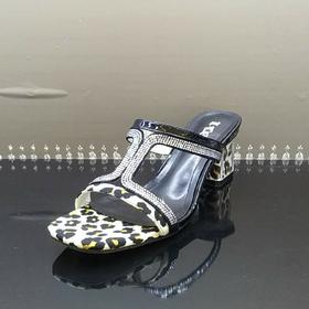 lfgj jeans BD804夏季性感魅惑漆皮豹纹闪钻水晶粗跟凉鞋