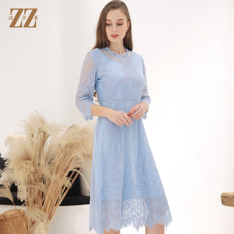 佐尔美春季新款蕾丝气质显瘦收腰长袖修身女士连衣裙E93LL38