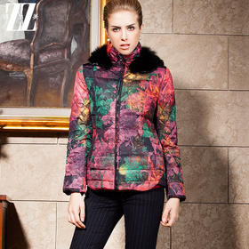 佐尔美新品冬季新款印花羽绒服短款保暖毛领外套E44YH02