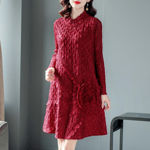 JN-K201111长袖A字裙2021春季新款钉珠洋气小个子三宅褶皱连衣裙大码K201111 商品图0