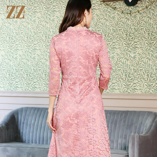 佐尔美春秋气质显瘦收腰7分袖修身女士蕾丝裙子中长款E11LL38 商品图4