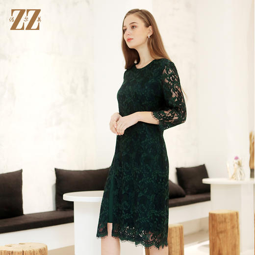 佐尔美春季新款气质蕾丝圆领9分袖修身中长连衣裙女E91LL26 商品图4