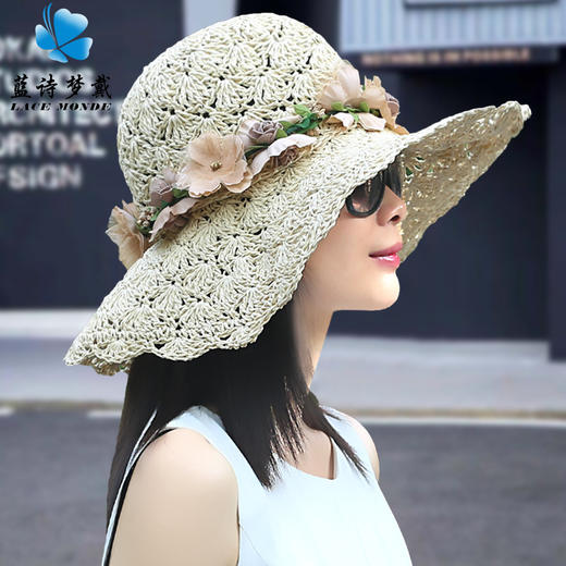 CT-M88草帽女夏遮阳帽韩版时尚花环大沿折叠太阳帽防晒防紫外线草编帽子 商品图1