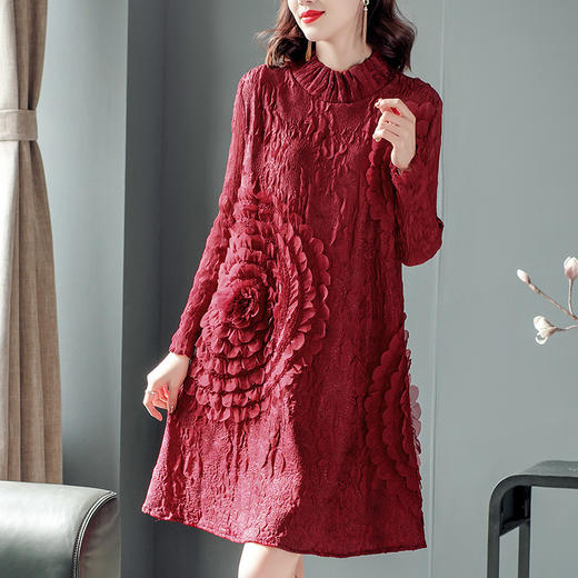 JN-K200909春装新款宽松法式大码显瘦a字蕾丝打底三宅褶皱连衣裙K200909 商品图0