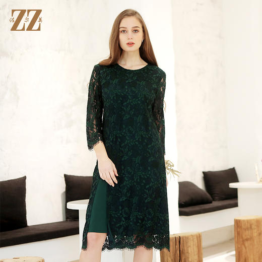 佐尔美春季新款气质蕾丝圆领9分袖修身中长连衣裙女E91LL26 商品图0