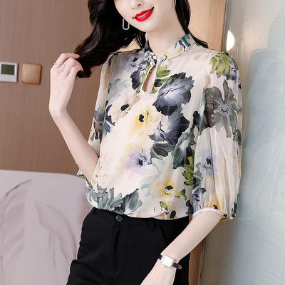 AHM-yjrsp8622 衬衫女2021夏季新款优雅名媛设计感小众盘扣立领气质上衣 商品图1