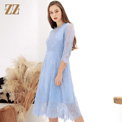 佐尔美春季新款蕾丝气质显瘦收腰长袖修身女士连衣裙E93LL38 商品图2