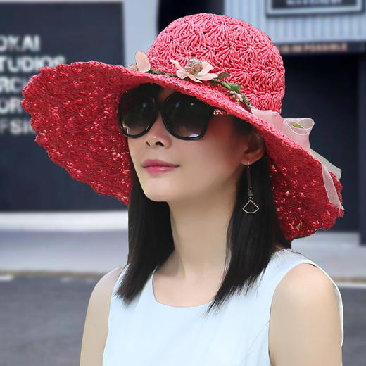CT-M88草帽女夏遮阳帽韩版时尚花环大沿折叠太阳帽防晒防紫外线草编帽子 商品图4