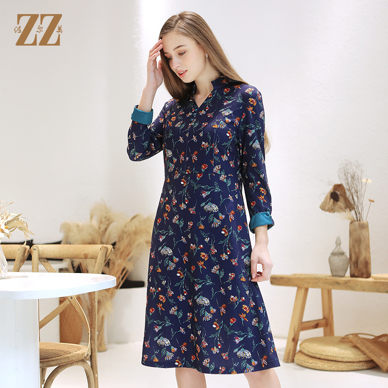 佐尔美商场同款气质碎花收腰显瘦减龄V领连衣裙女春秋E83LL27
