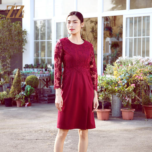 佐尔美春秋女士喜庆9分袖蕾丝红裙气质收腰修身显瘦中长款E11LL37 商品图2