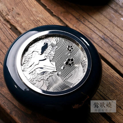 莺歌烧纹铜胎银面壶承创意干泡可拆卸霁蓝釉可储水水洗 商品图0