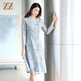 佐尔美春秋中长款气质圆领镂空蕾丝连衣裙修身显瘦E11LL25