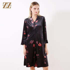 佐尔美早春新款气质V领印花修身减龄中长连衣裙E83LL47