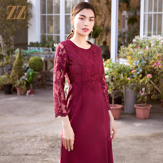 佐尔美春秋女士喜庆9分袖蕾丝红裙气质收腰修身显瘦中长款E11LL37 商品图0