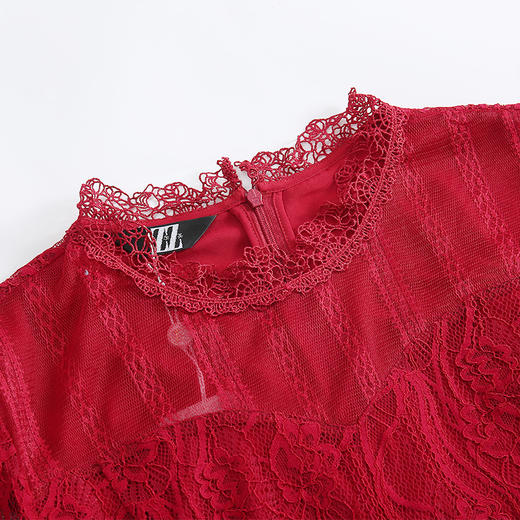 佐尔美早春季新款气质纯色直筒长袖圆领蕾丝中长款连衣裙E01LL20 商品图1