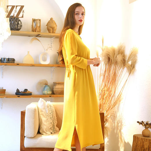 佐尔美春季新款真丝收腰修身气质V领中长款桑蚕丝连衣裙女E93LS24 商品图3