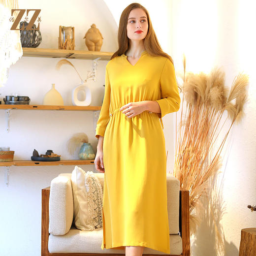 佐尔美春季新款真丝收腰修身气质V领中长款桑蚕丝连衣裙女E93LS24 商品图1