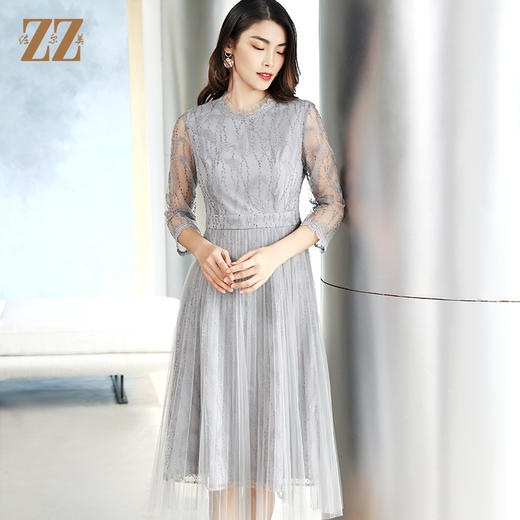佐尔美商场同款气质春秋蕾丝中袖收腰显瘦中长连衣裙E11LL27 商品图3
