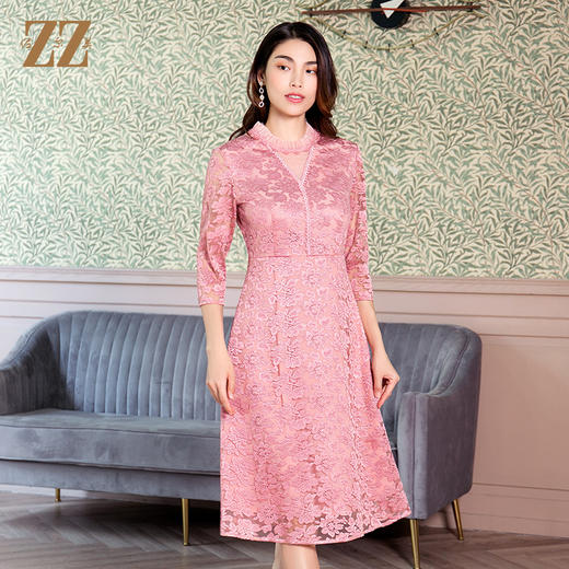 佐尔美春秋气质显瘦收腰7分袖修身女士蕾丝裙子中长款E11LL38 商品图1