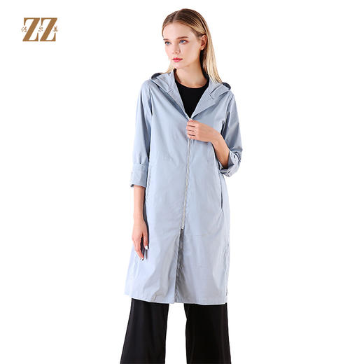 佐尔美春秋季新款时尚减龄收腰拉链休闲连帽中长风衣女式E01FZ09 商品图0