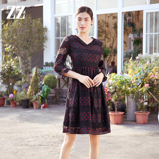 佐尔美春季新款气质7分袖宽松蕾丝波点V领连衣裙E11LL20 商品图1