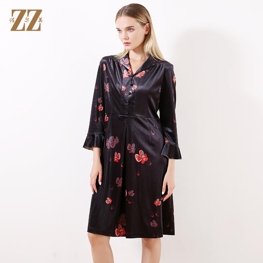 佐尔美早春新款气质V领印花修身减龄中长连衣裙E83LL47 商品图3