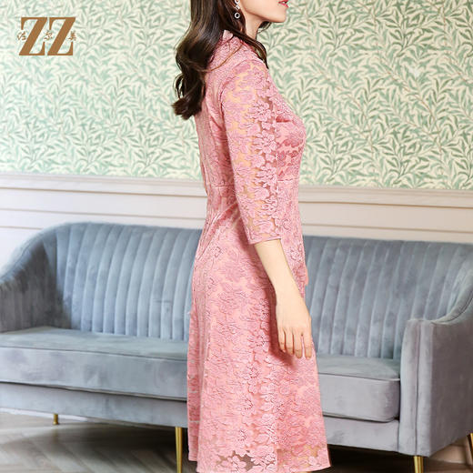 佐尔美春秋气质显瘦收腰7分袖修身女士蕾丝裙子中长款E11LL38 商品图3