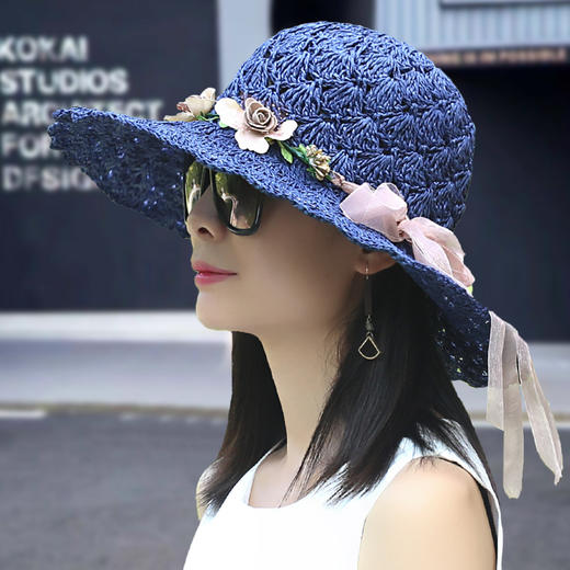 CT-M88草帽女夏遮阳帽韩版时尚花环大沿折叠太阳帽防晒防紫外线草编帽子 商品图2