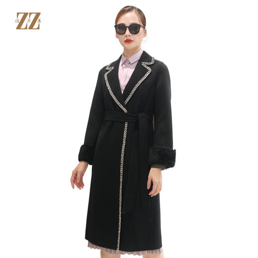 佐尔美秋冬新款气质复古收腰獭兔毛袖羊毛双面呢大衣女E94SM04 商品图0