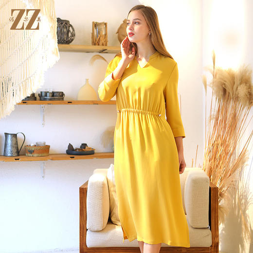 佐尔美春季新款真丝收腰修身气质V领中长款桑蚕丝连衣裙女E93LS24 商品图2