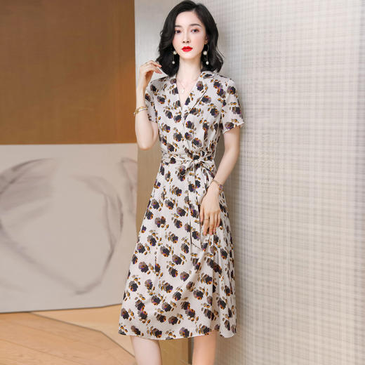 上海旗袍厂ASE-2301印花气质翻领真丝系带连衣裙桑蚕丝 商品图1