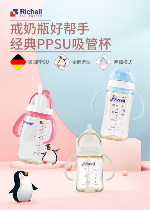 Richell利其尔 ppsu儿童吸管杯防摔学饮杯宝宝水杯婴儿吸管奶瓶 商品图0