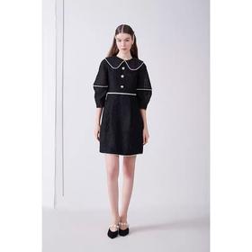 黑色泡泡纱珍珠撞色织带连衣裙