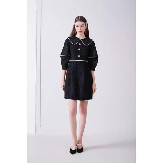 黑色泡泡纱珍珠撞色织带连衣裙 商品图0