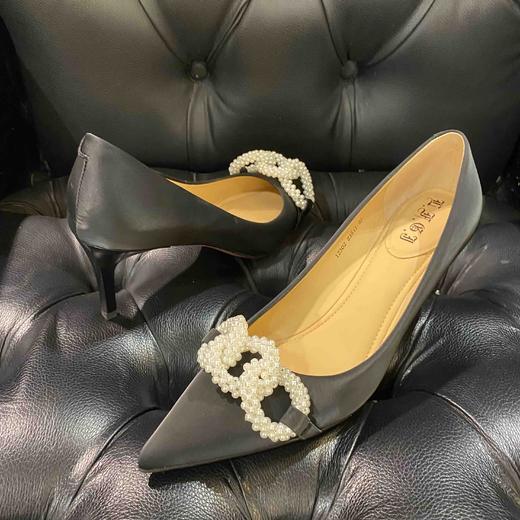 LFGJ女鞋 12302 小香风丝绸牛皮尖头浅口珍珠细跟高跟 商品图8