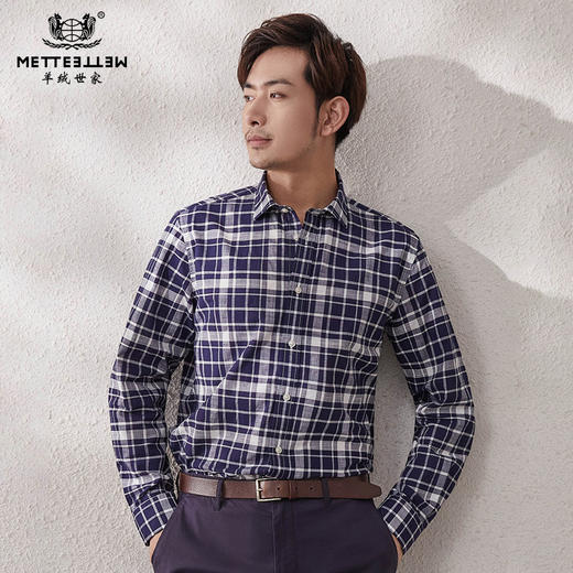 【纯棉蓝白格纹衬衫】 71211017 男士衬衣 商品图0