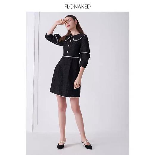 黑色泡泡纱珍珠撞色织带连衣裙 商品图2