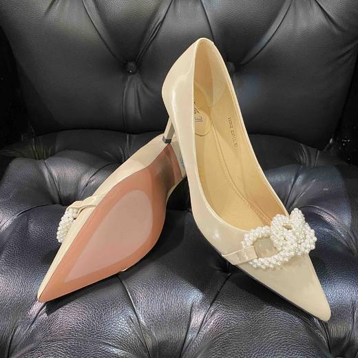 LFGJ女鞋 12302 小香风丝绸牛皮尖头浅口珍珠细跟高跟 商品图4