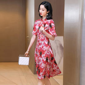 上海旗袍厂ASE-2303立领印花优雅真丝连衣裙桑蚕丝