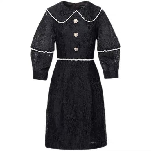 黑色泡泡纱珍珠撞色织带连衣裙 商品图4