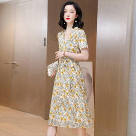 上海旗袍厂ASE-2301印花气质翻领真丝系带连衣裙桑蚕丝