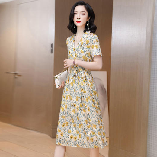 上海旗袍厂ASE-2301印花气质翻领真丝系带连衣裙桑蚕丝 商品图0