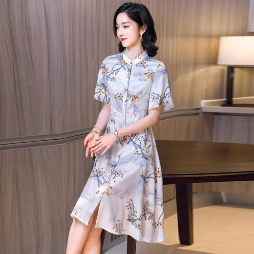 上海旗袍厂ASE-2303立领印花优雅真丝连衣裙桑蚕丝 商品图3