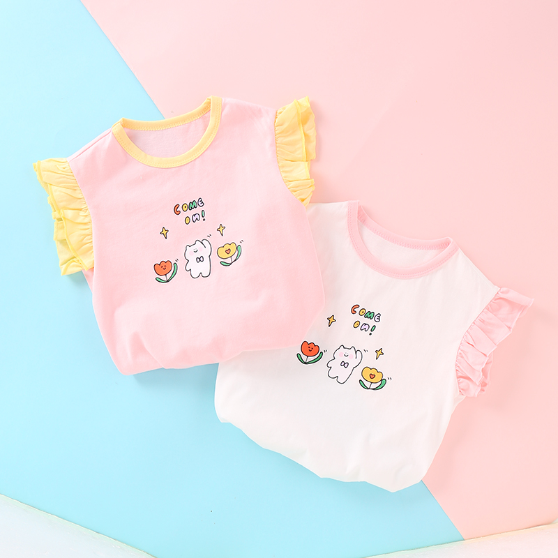 龙之涵儿童荷叶袖短袖T恤男女童全棉短袖背心