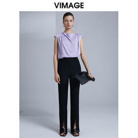 VIMAGE纬漫纪春夏新款时尚修身开叉喇叭裤高腰显瘦女长裤V1505109