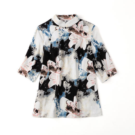 上海旗袍厂AYK-QF-210301印花亚麻上衣女修身中袖立领唐装女复古女装2021夏季新品国风 商品图4