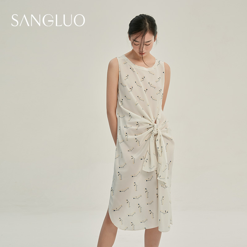 夏日入场券∣SANGLUO无袖印花桑蚕丝系带开叉重工直筒连衣裙