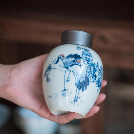 「陶瓷青花手绘茶叶罐」金属盖储物罐 小号密封灌 装存茶盒旅行便携 商品图1