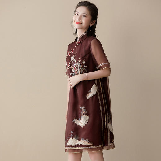 上海旗袍厂AYK-QF-210305桑蚕丝欧根纱绣山鸟改良宽松旗袍复古中袖连衣裙2021夏中国风女装 商品图1