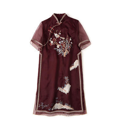 AYK- QF-210305 桑蚕丝欧根纱绣山鸟改良宽松旗袍复古中袖连衣裙2021夏中国风 商品图4